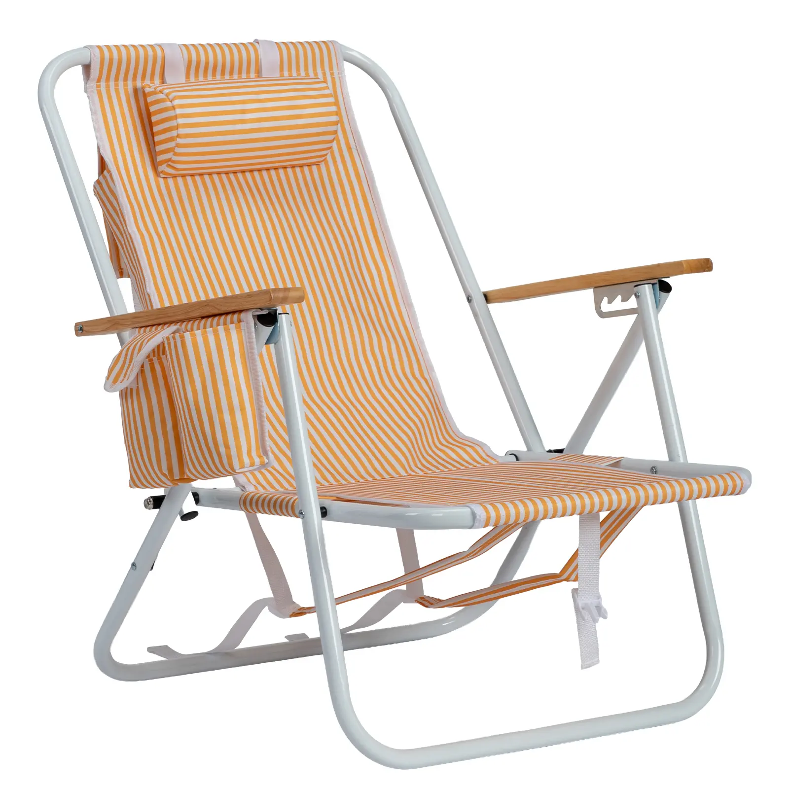 Outdoor Reclining Beach Chair - 4-Position Adjustable, with Cup Holder & Storage Bag, Yellow Camping Lounge Chair for Pool Use