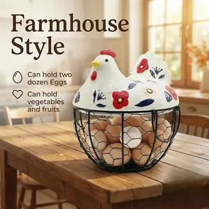 Farmhouse Chicken Egg Storage Basket - Black Woven Wire Egg Collection Basket with Ceramic Chicken Lid, Holds 20–25 Eggs, Decorative Kitchen Countertop Egg Holder Organizer for Fresh Eggs & Decor