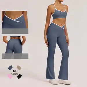 Women Color Block Cross Waist High Rise Yoga  Two Piece Stretch Activewear Sports Outfit For Workout Running Fitness Training Backless Halter Crop Top men Women's Hooded Tracksuit  Long Sleeve Leggings elasticity solid cami top loose seamless set