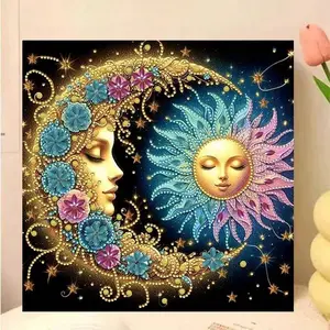 Flower Starts Moon Fairy Diamond Painting Art 5d Diy Sun And Moon Face Full Round Drills Cross Stitch Pattern Mosaic Home Decor Needle Crafts Kit Handicraft
