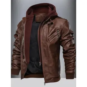 Men's Solid Color PU Leather Zip Up Hooded Sports Coat, Regular Fit Casual Long Sleeve Outerwear for Fall & Winter, Men's Clothes for Outdoor Activities Jackets