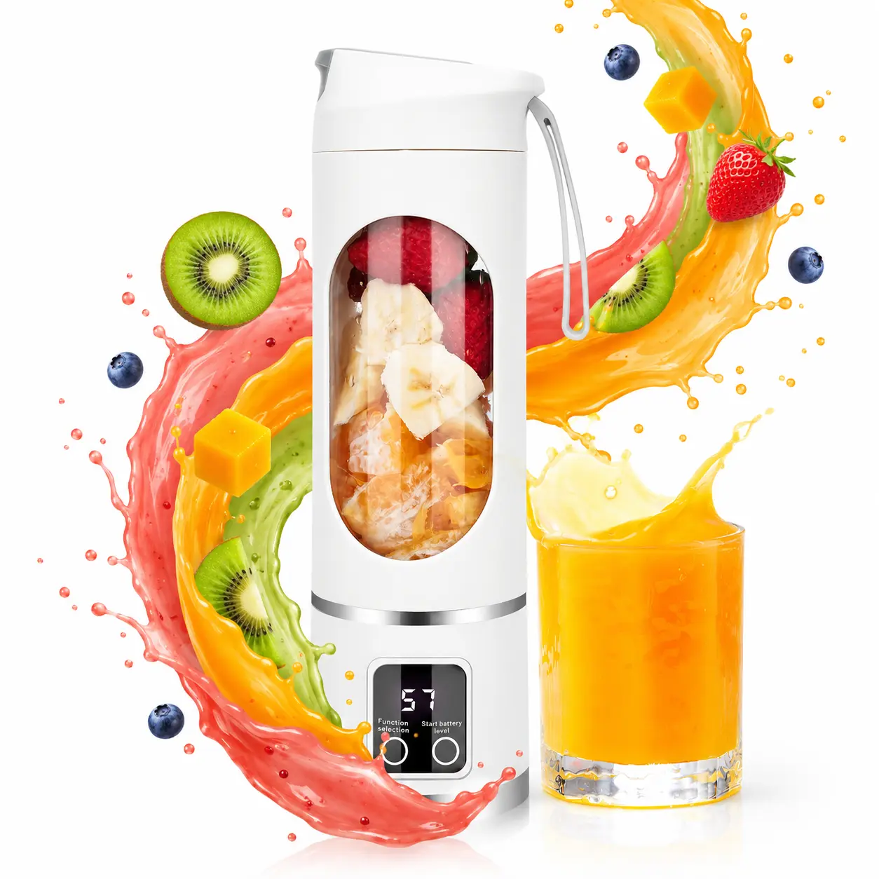 Compact Handheld Portable Juicer Blender, 450ml USB Rechargeable with LED Display, Self-Cleaning BPA-Free for Smoothies On-The-Go - Ideal for Travelers, Gym Use