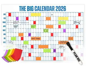 New Big Calendar 2026 - Design Your Amazing 2026! - 365-Day Year-at-a-Glance Wall Calendar with Dry-Erase Material & Custom Labels 12 Months Large Wall Calendar 2026, Dry Erase with Pen and Colored Stickers, Interesting and Practical