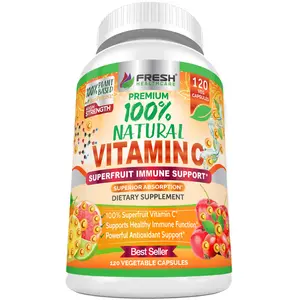 Fresh Healthcare Premium 100% Natural Vitamin C Infused with Rose Hips Acerola Cherry & Camu Camu for Immune Support & Collagen Boost 120 Vegetable Capsules Made in USA - Colagen