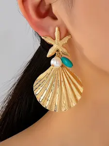 Oceanic Shell Starfish Earrings, Dangle Earrings, Vintage European Style, Metal Texture Pearl Turquoise Decor, Women's Beachwear Jewelry