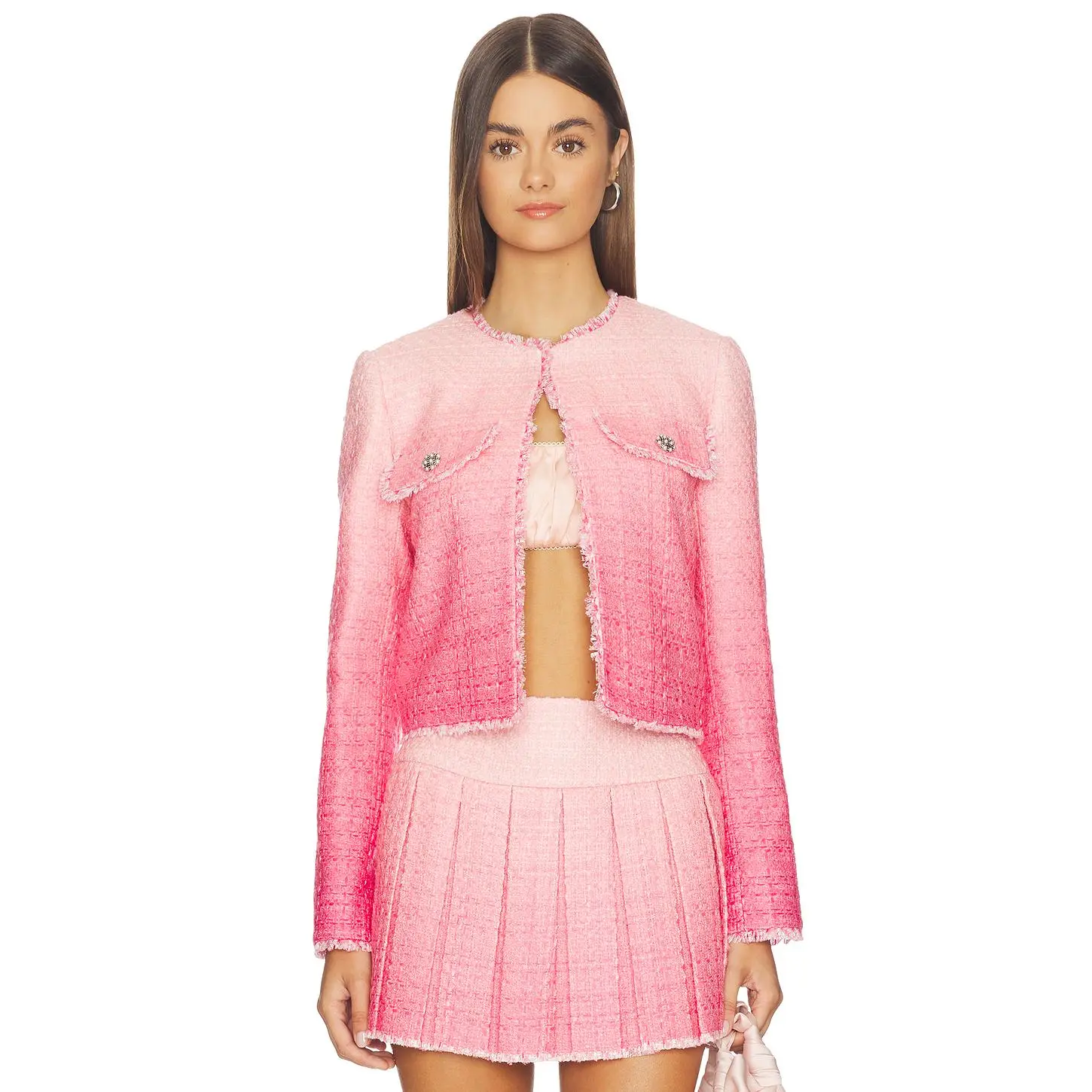 Alice + Olivia Dumont Tweed Boxy Jacket in Ascendent Ombre English Rose
