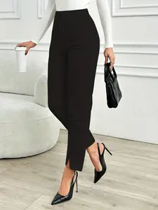 Minimal Chic Black Pants Women, High Waist Elastic Drawstring, Split Hem, Fitted, Work, Date, Everyday Outfit, Casual Fashion Pants