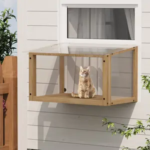 Waterproof Hanging Cat Window Perch for Indoor Cats, Wooden Catio Box with Safety Net, Fits Single Window Frame 24-35 Inch Opening Width