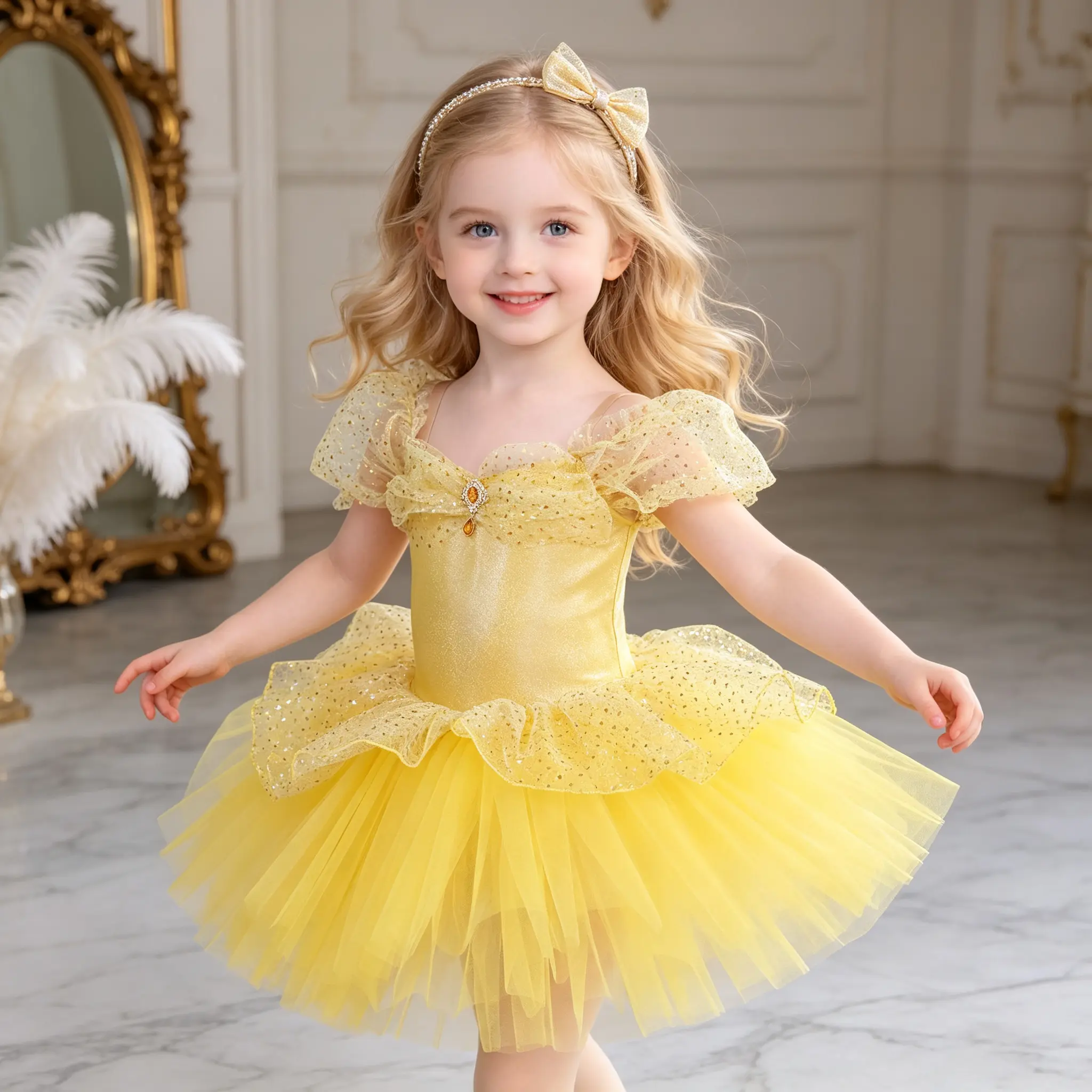 Girls Princess Dress, Yellow Off-Shoulder Tulle Ballet Tutu Dress, Decorated with Yellow Sequins & Gem Details, Suitable for Dance Performances and Birthday Parties