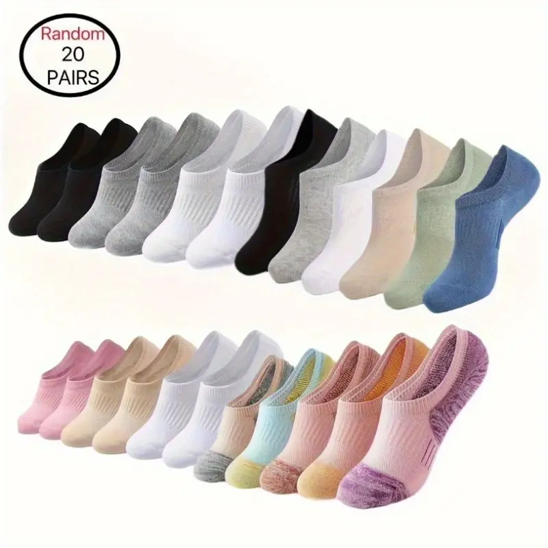 Women's Multicolor 20-Pair Invisible No-Show Low Ankle Socks - Soft Polyester, Lightweight Knit, Machine Washable, for Casual & Sports Wear, Multicolor-20 Pairs, Invisible Socks, Sock Sets