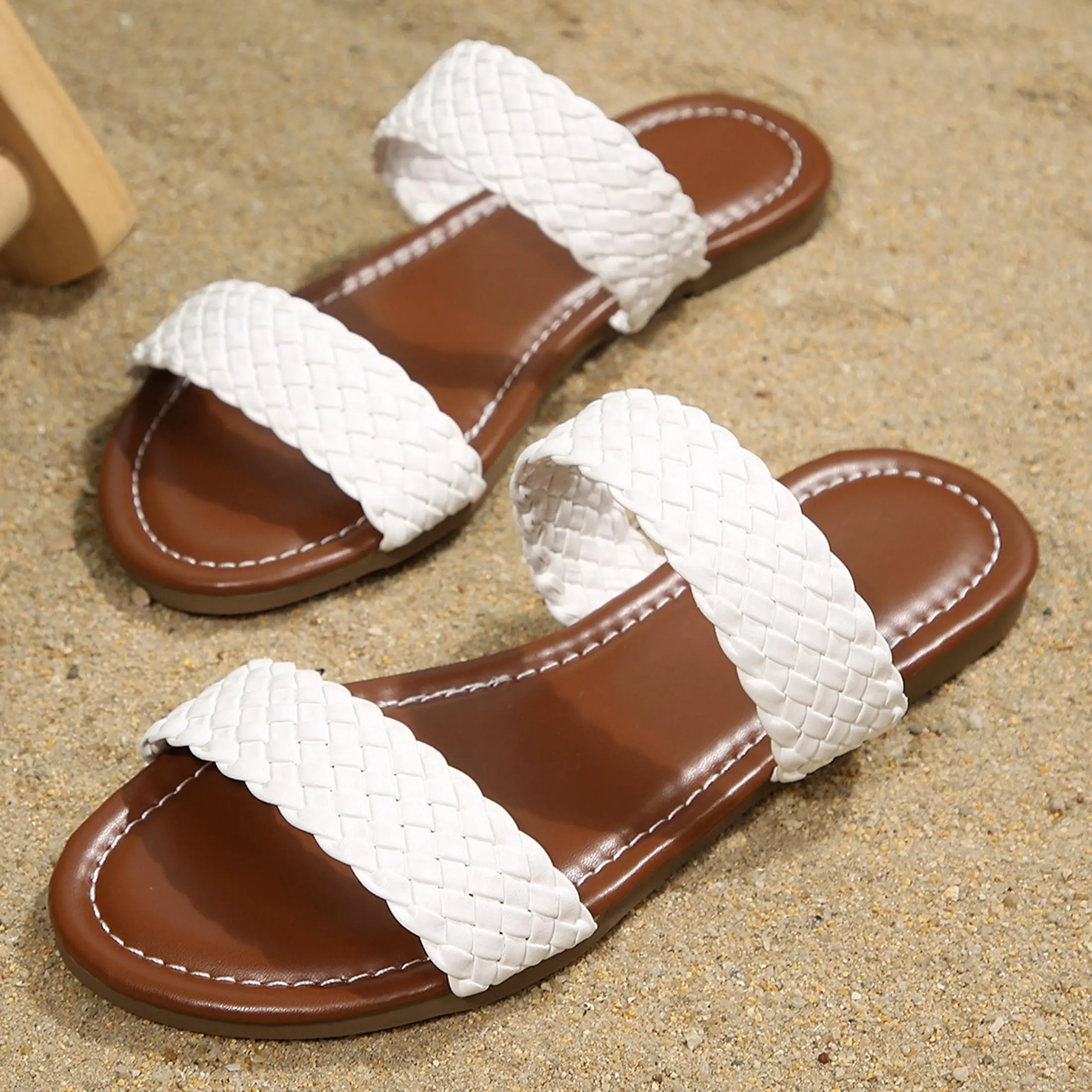 Women's Flat Sandals Fashion Round Open Toe Slip On Slides with Braided Strap Slippers Summer Beach Shoes
