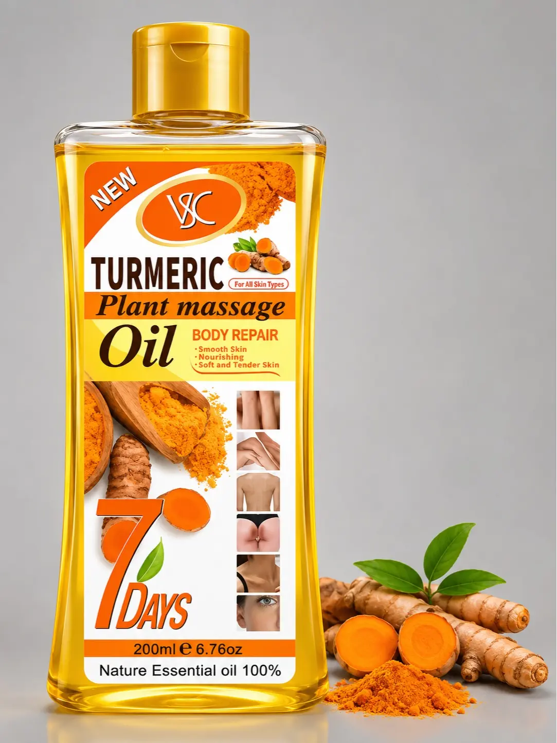 VC Turmeric Plant Massage Oil for Face & Body | Nourishing Body Oil | 6.76 fl oz (200 mL)