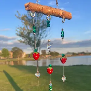 Mini Strawberry and Glass Sun Catcher with Drift Wood and Vivid Gem Beads 4" x 9" Metal Clasp for Car Decor