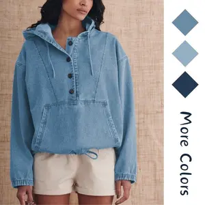 Womens Denim Hoodie Jacket Lightweight Button Up Jean Pullover with Drawstring Hood Casual Long Sleeve Sweatshirt