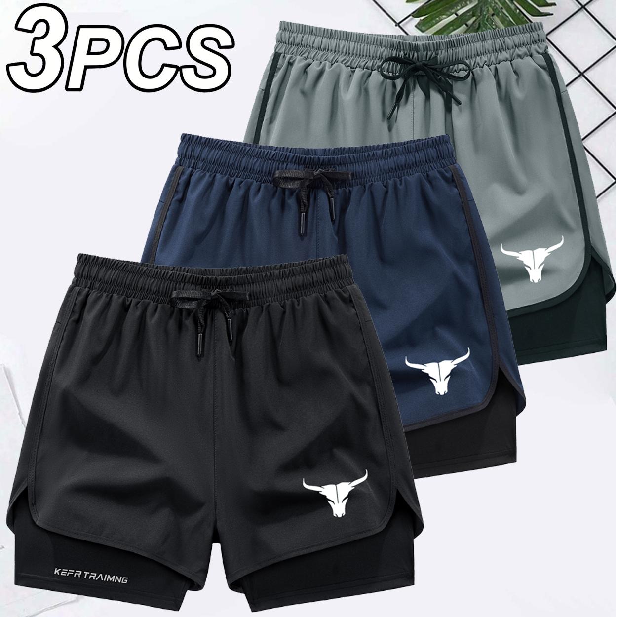Men's 2 in 1 Quick Dry Gym Shorts, Bull Graphic Double-Decker Athletic Shorts with Zipper Pockets, 3 Pack Workout Running Shorts for Men Men's 2 in 1 Quick Dry Gym Shorts, Bull Graphic Double-Decker Athletic Shorts with Zipper Pockets, 3 Pack Workout Running Shorts for Men