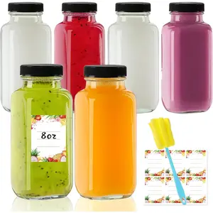8 oz Glass Juice Bottles with  6-Pack -  Small Juice Drinking Jars for Green Juices, Shots & Smoothies