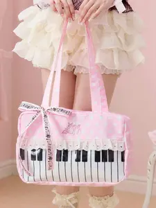Sweet and fashionable retro polka dot piano tote bag, piano key print+deer embroidery, lace lace+musical note bow, exquisite and niche personalized shoulder bag, suitable for commuting, shopping, and gatherings, Bow Shoulder Bags, Cute Shoulder Bag