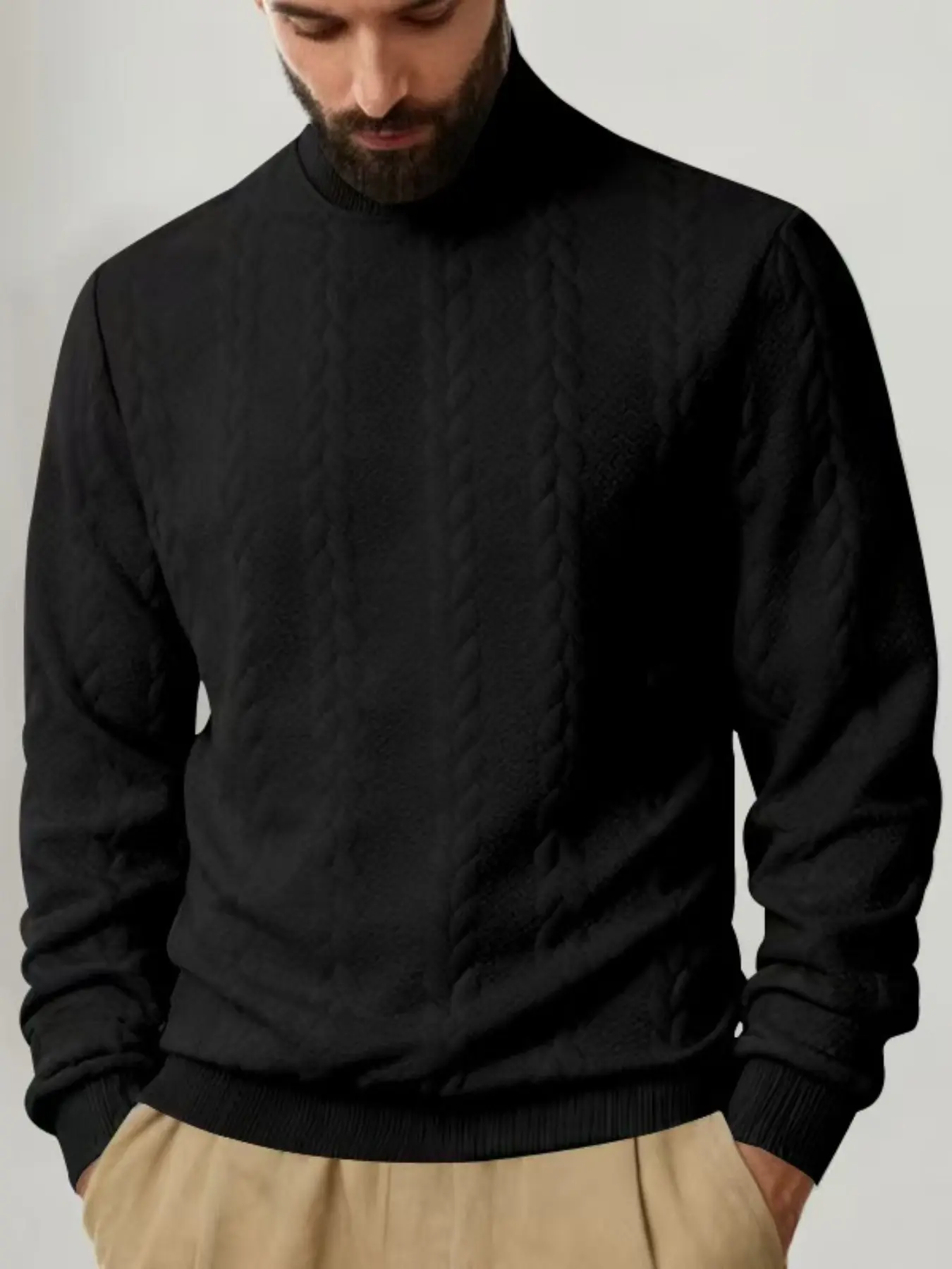 Men's solid color knitted jacquard turtleneck sweater is comfortable, warm and windproof, and can be layered. Casual, regular slim fit long-sleeved sweatshirt, suitable for autumn and winter wear, Black, Casual Chic Knitwear