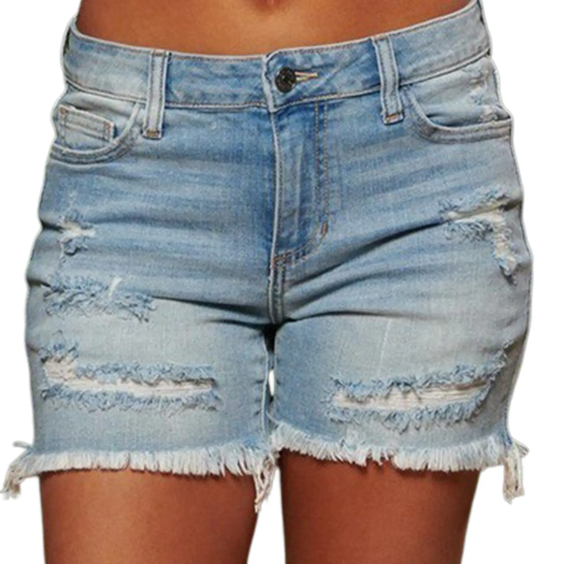 Women's Mid-Rise Ripped Raw-Hem Tassel Denim Shorts - Elastane, Plain, Athletic Fit, Frayed Accents, Preppy Vintage Multi-Color Hot Pants, Comfortable Flattering, Versatile Summer Street Style Bottoms, Tank Top Pairing, Beach Use