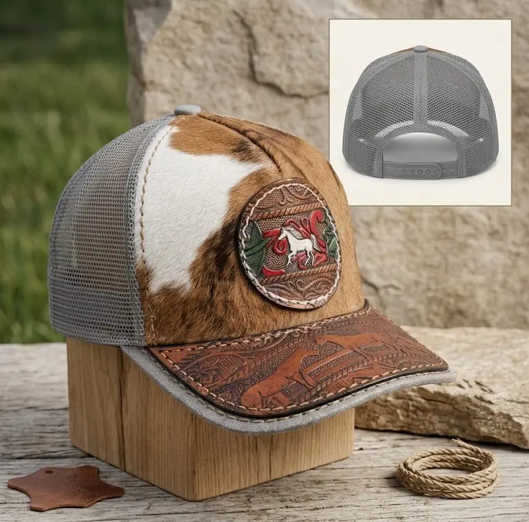 Handmade | Hand Tooled | 100% Genuine Colombian Cowhide Leather Trucker Style Hat