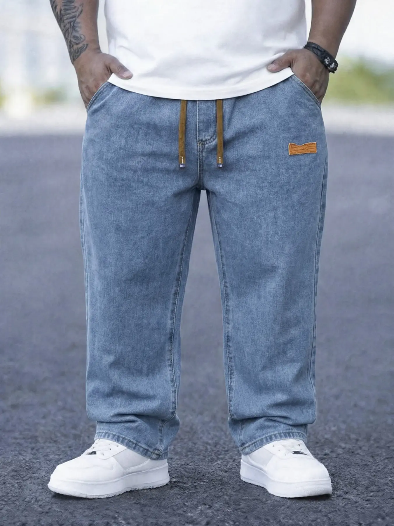 Plus Size Men's Urban Hip Hop Street Style Loose Straight-Leg Denim Jeans, Retro 90s Y2K Style Solid Color Casual Pants, Ideal Gift for Family and Loved Ones