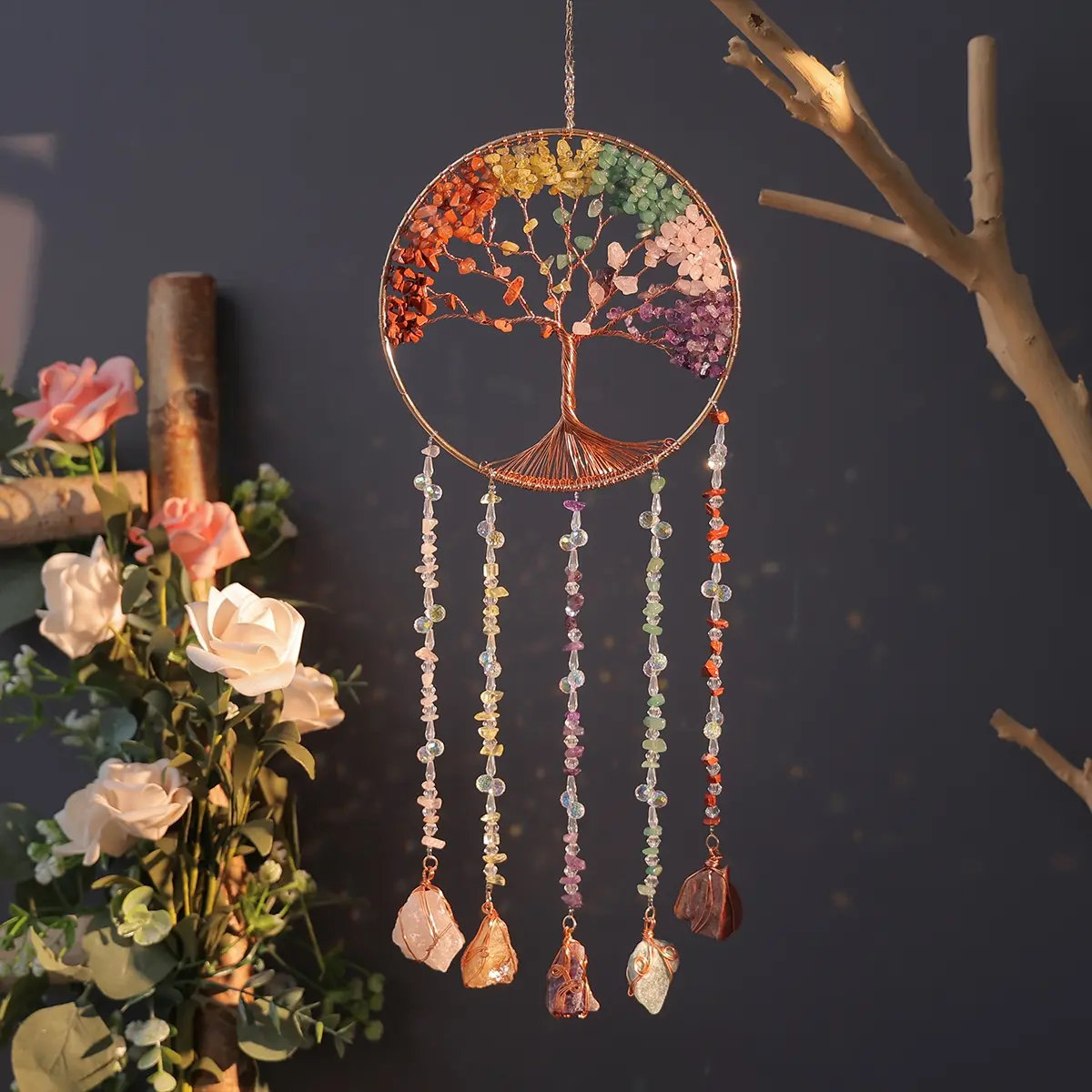 Colorful Tree of Life Dream Catcher, Crystal Stone Decorative Wall Art, Hanging Ornaments, Decorative Hanging Piece, Home Decor Items, Ideal for Home & Garden Decoration, Enhances Space Aesthetics, Great Christmas Gift