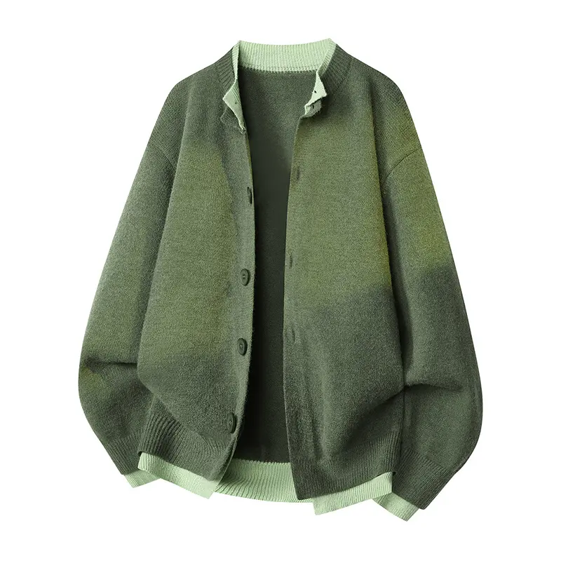 Men's Crew Neck Gradient Patchwork Knit Cardigan Tops - Long Sleeve Menswear Sweater with Contrast Light Green Ribbed Trim at Collar, Cuffs, Hem, Button-Front, Soft Warm Outerwear for Daily Casual, Commute (Spring Autumn)