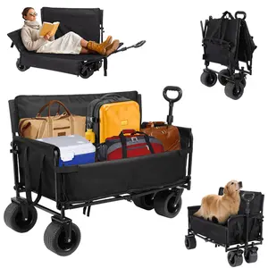 Collapsible Folding Wagon, 440 lbs Heavy Duty Utility Carts, Reclining Camper, Expandable Storage, Padded and Wheeled, All-Terrain Wheels, Great for Camping, Outdoors, Shopping, Portable(Black/Beige)
