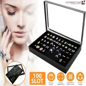 100 Slots Jewelry Ring Display Organizer Tray Holder Earrings Storage Box Case