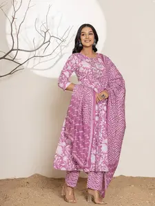 Yufta Purple Floral Print Embroidery Cotton Anarkali Suit Set