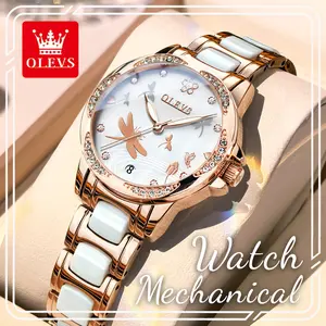 OLEVS Flagship New Women's Automatic Mechanical Wristwatch - Ceramic Bracelet, Sparkling Crystal Bezel, Dragonfly Relief Mother-of-Pearl Dial, Stylish Round Watch Face, Daily Waterproof Elegant Watch, Perfect Holiday Gift for Wife 6610