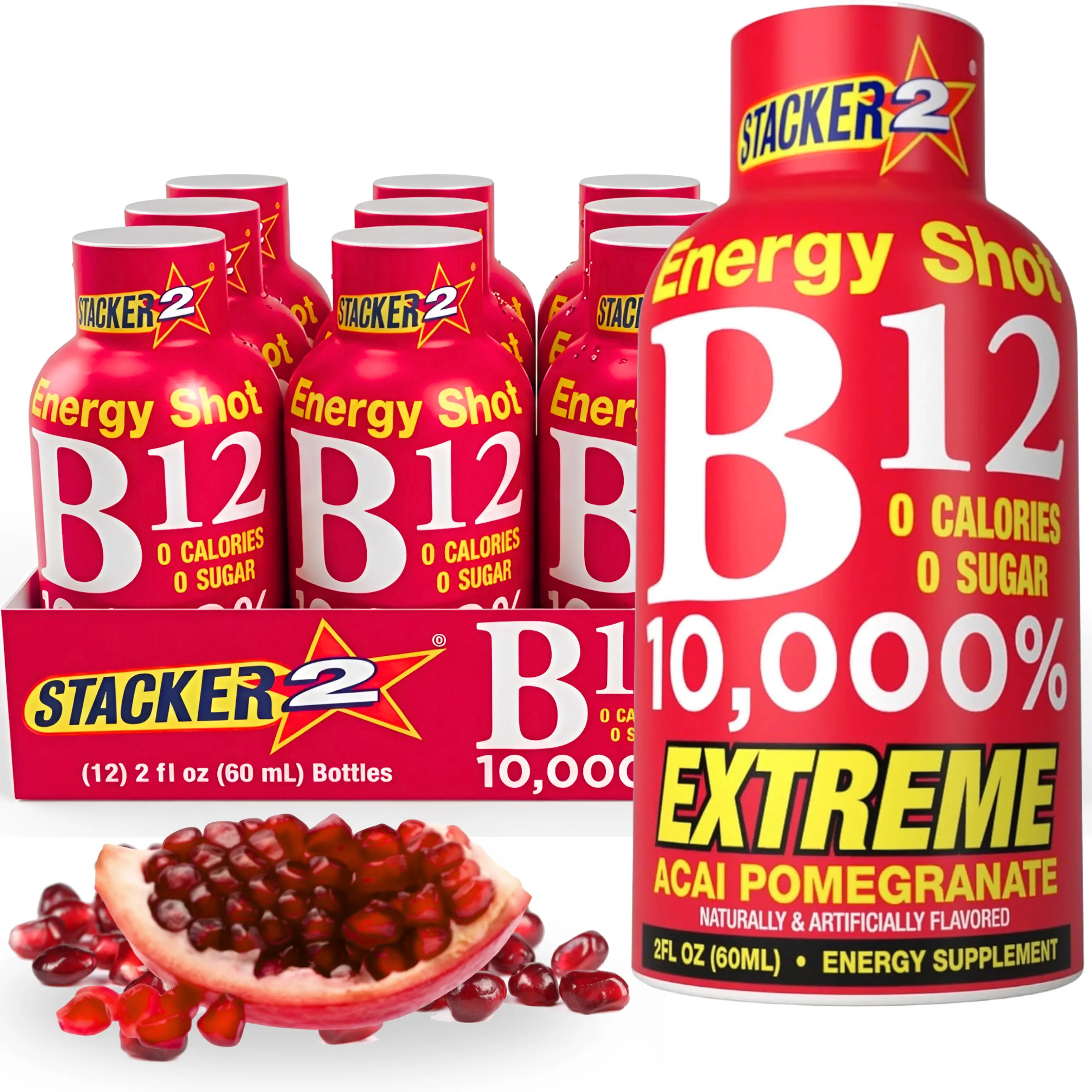 Stacker 2 Vitamin B Complex B12 B6 B3 Liquid Energy Shots - Vegansafe & Vegan Cyanocobalamin, B-6 Pyridoxine - B3 Niacinamide (Niacin) - 12 Bottles - Acai & Pomegranate
