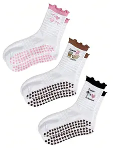 3 Pairs Women's Anti-Slip Sports Socks, Non Slip Socks, Cute Princess Style Ruffle Socks, Indoor Pilates Yoga Socks, Breathable Comfortable Athletic Socks