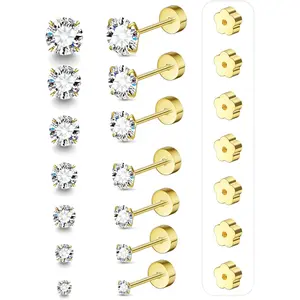 7 Pairs 20G Flat Back Stud Earrings for Women Men Hypoallergenic 14K Gold Plated Surgical Steel Stack Cartilage Earrings for Multiple Piercing Sensitive Ears Bonus Plum Blossom FlatBack Studs CZ 2-8mm