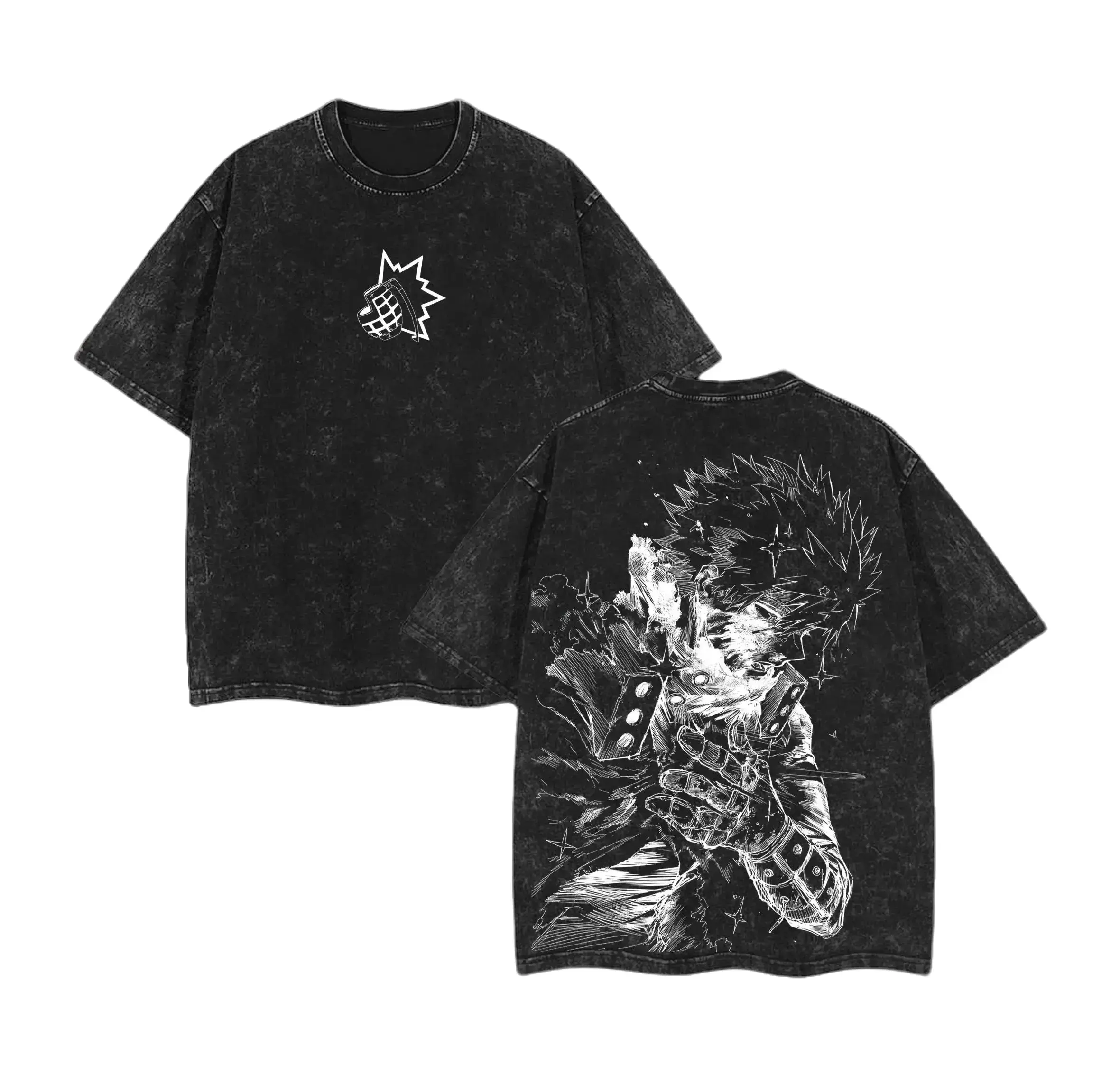 Men's Oversized Anime Graphic T-Shirt - 230gsm Heavy Premium Cotton, Vintage Pre-Washed, Soft Relaxed Fit Short-Sleeve Streetwear Top with Rib, Seamless Modern Twist, Casual Menswear Apparel, 2XL, Free Expedited Shipping