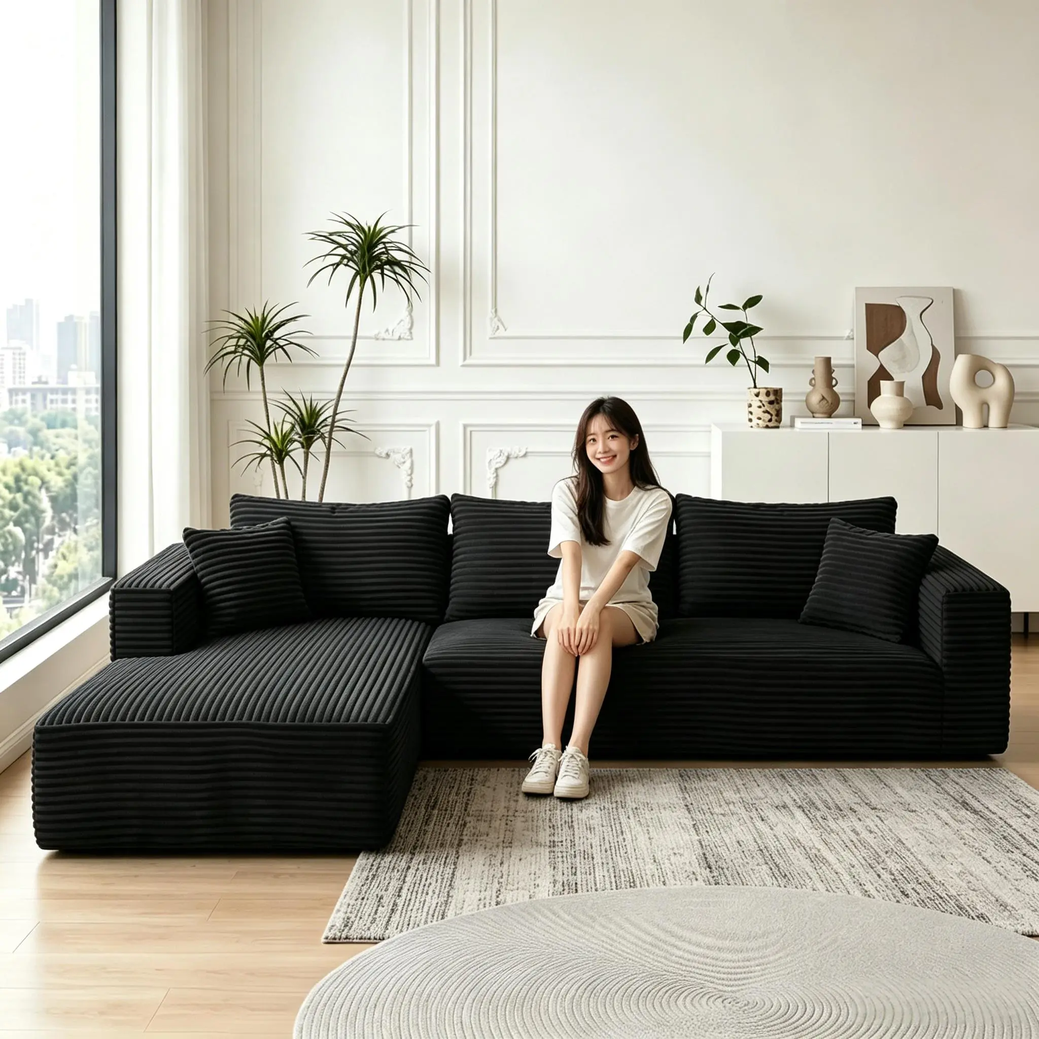 Corduroy L-Shape Chaise Cloud Sectional Couch - Modular Compression Sleeper Bed, Boneless Couches, High-Density Foam Upholstery, Deep Seating, No Assembly Required Indoor Furniture for Living Room/Bedroom