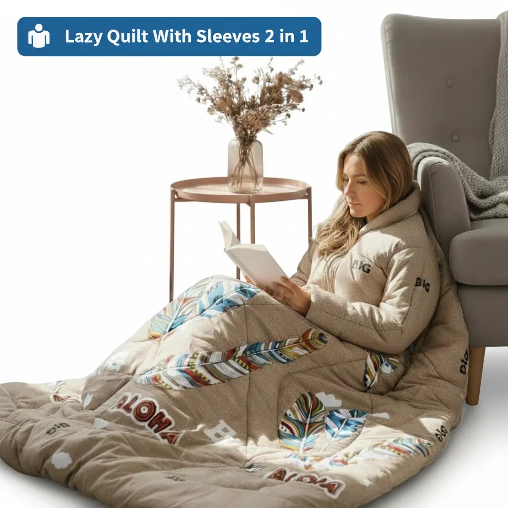 Lazy Quilt with Sleeves & Folding Cushion 2-in-1 Wearable Blanket, Ultra Cozy Aloha Design (55”x75”)