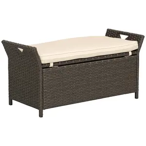 29 Gallon Patio Wicker Storage Bench, Outdoor PE Rattan Patio Furniture, 2-In-1 Large Capacity Rectangle Garden Storage Box with Handles and Cushion, Cream White