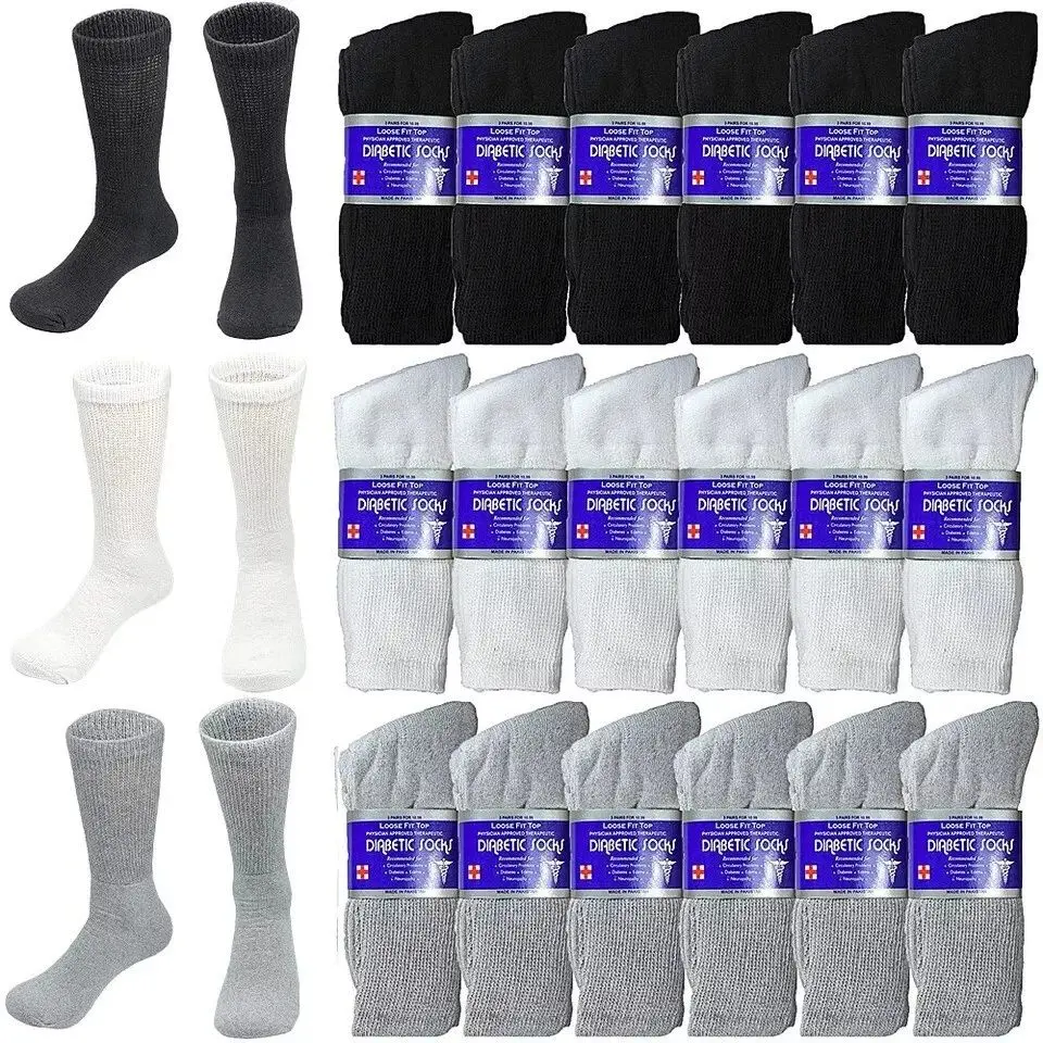 DIAMOND STAR 3-12 Pairs Diabetic Socks, Non-Binding Circulatory Cushion Cotton Crew Diabetic Socks for Men Women Menswear Cottonsock White