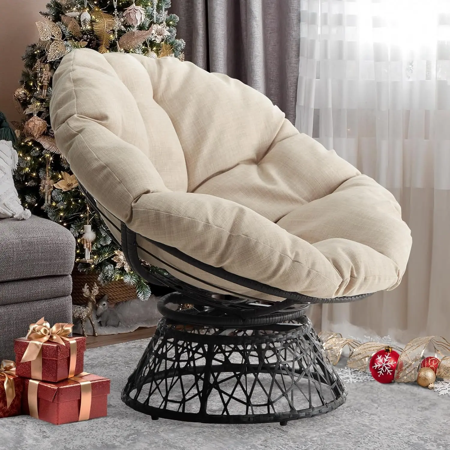 Ergonomic Wicker Papasan Chair with Soft Thick Density Fabric Cushion, High Capacity Steel Frame, 360 Degree Swivel for Living, Bedroom, Reading Room, Lounge, Sephia Sand - Black Base