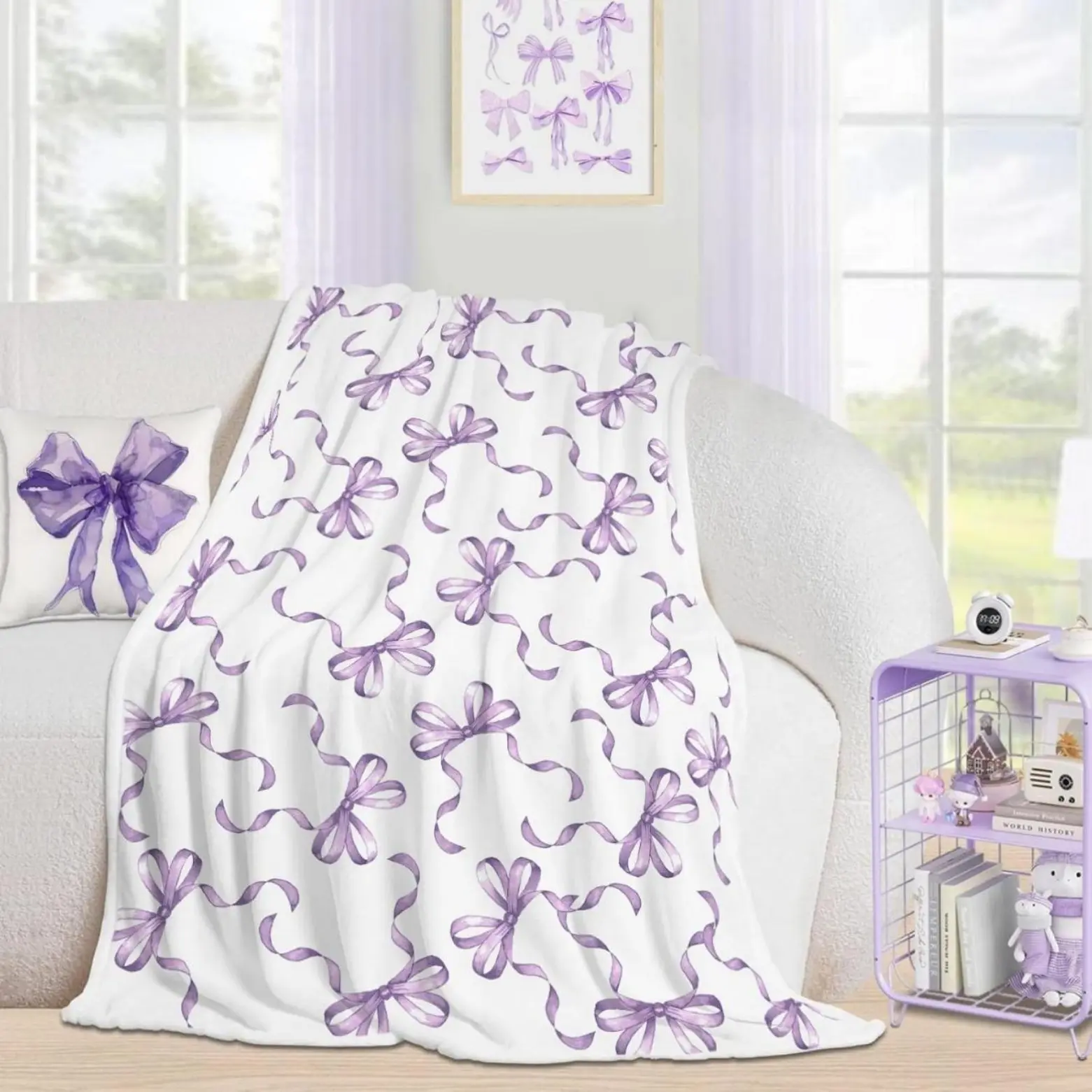 Soft Funny Throw Blanket Cute Purple Bow Coquette Girly Blanket Gifts For Kids Women Teens Flannel Bowknot Pattern Blanket For Preppy Spring Decorations