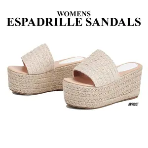 CYNLLIO Womens Espadrille Slide Sandals Platform Wedge Heels Rounded Toe Easy Slip On Comfy Raffia Mule Casual Beach Straw Daily Outing Shoes