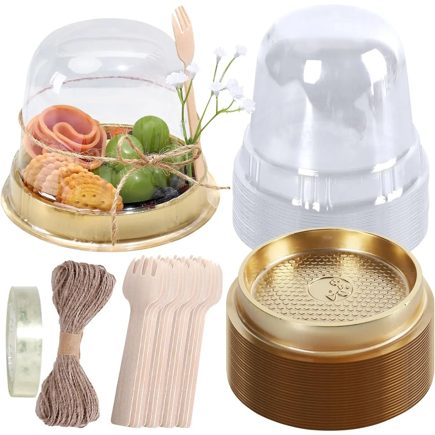 [Clear Charcuterie Cup] 50 Sets Clear Plastic Cupcake Container with Mini Wooden Spork Rope,Disposable Individual Charcuterie Cup Set for Graduation Dessert Display Charcuterie Grazing Table Catered Event Wedding,Hand Tools Kits,Springtok Transparent Dome