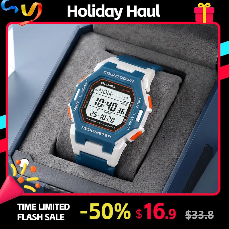SKMEI Unisex Digital Watch with Pedometer Step Counter, 49mm Large Display Sport Watch with Stopwatch, Countdown Timer, 5 Alarms, LED Backlight, ABS Case, TPU Band, Water Resistant for Daily Use (5ATM) Watch for Running, Walking, and Everyday Wear