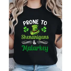 "Prone to Shenanigans & Malarkey Irish Leprechaun Graphic T-Shirt for Women - Round Neck Short Sleeve Casual Summer Top - Soft St. Patrick's Day Tee with Shamrock Design", Ladies T Shirts