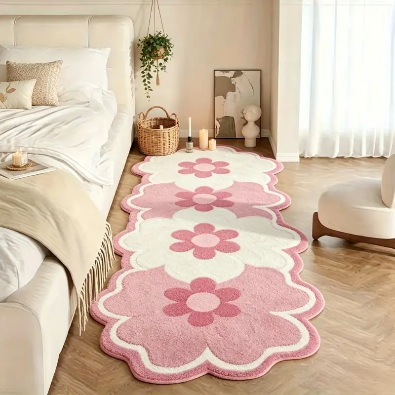 Pink and white gradient flower special-shaped bedside floor mat bedside decoration carpet bathroom door entry porch non-slip carpet Korean Ins style bay window carpet home decoration living room carpet Flower Rug, Home Decorative Rug