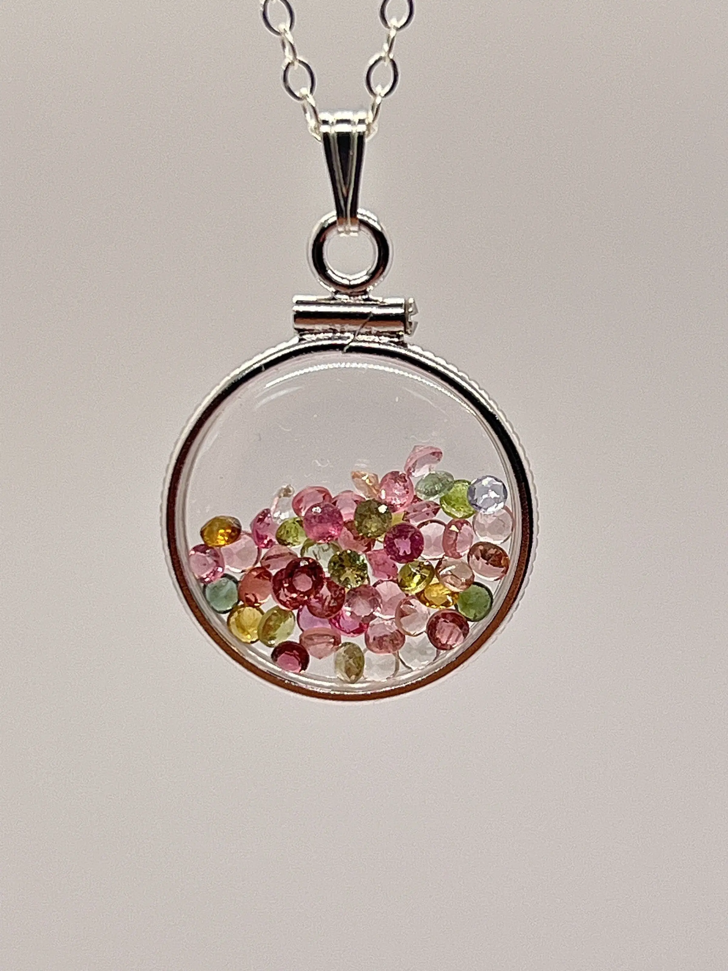 Handmade Dimesize Sterling Silver Multicolor Tourmaline Shaker Locket Lucite View Locket, Necklace, Beautiful October Birthstone. 2.0 TCW
