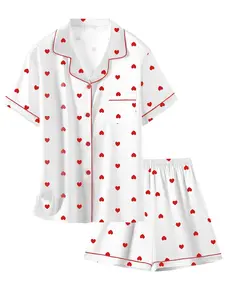 Kids White Red Heart Print 2 Piece Pajama Set Short Sleeve Satin Sleepwear for Boys & Girls, Ideal Kids Girl Stuff & Kids Stuff, Cute Teen Girl Clothes, Soft Comfy PJs 5-14, Polyester, Short Sleeves