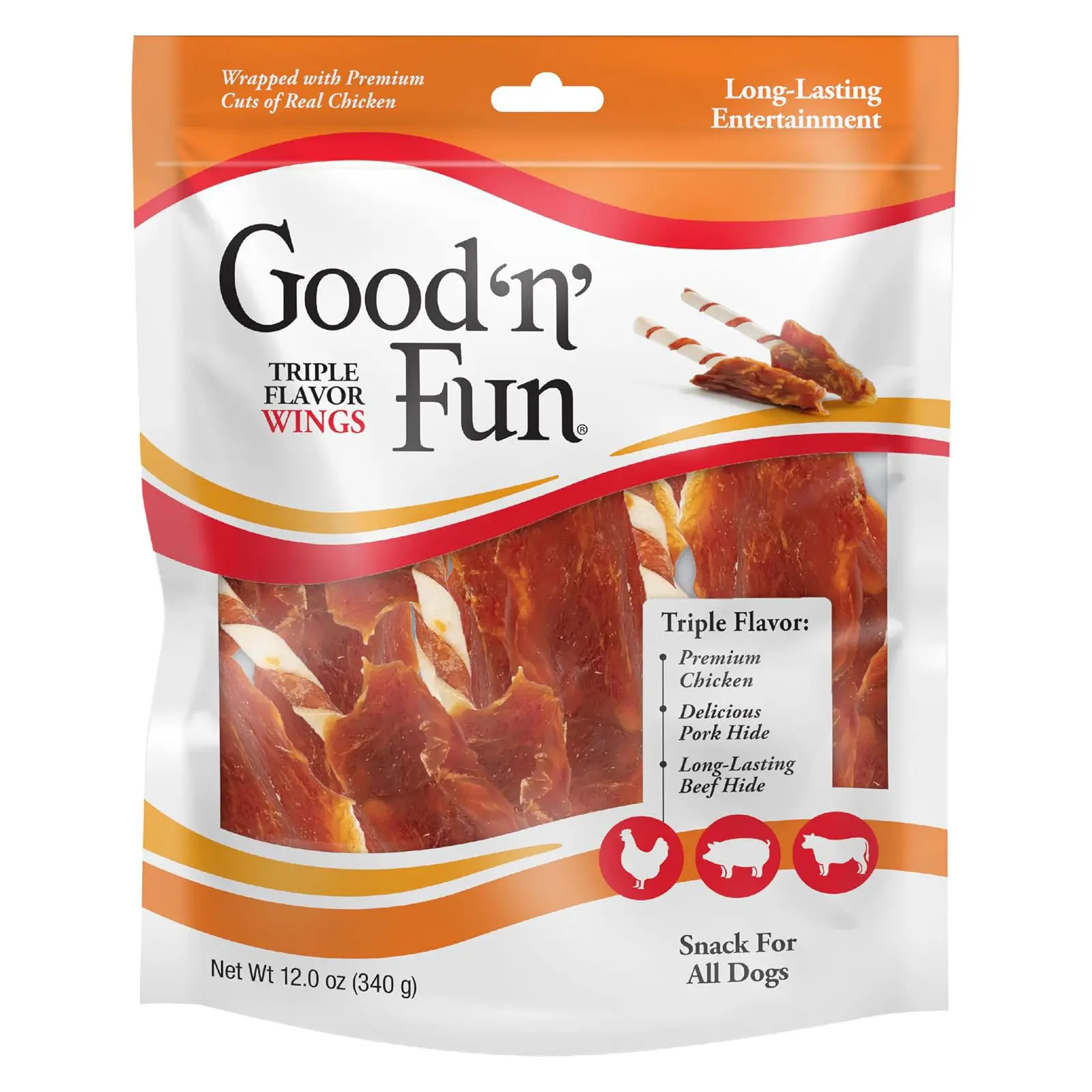 Good 'n' Fun Wings Long-Lasting Dog Treat Made With Real Protein, 12 oz Premium Chicken, Pork and Beef Hide Chew, Supports Dental Health and Mental Stimulation, For Adult Dogs