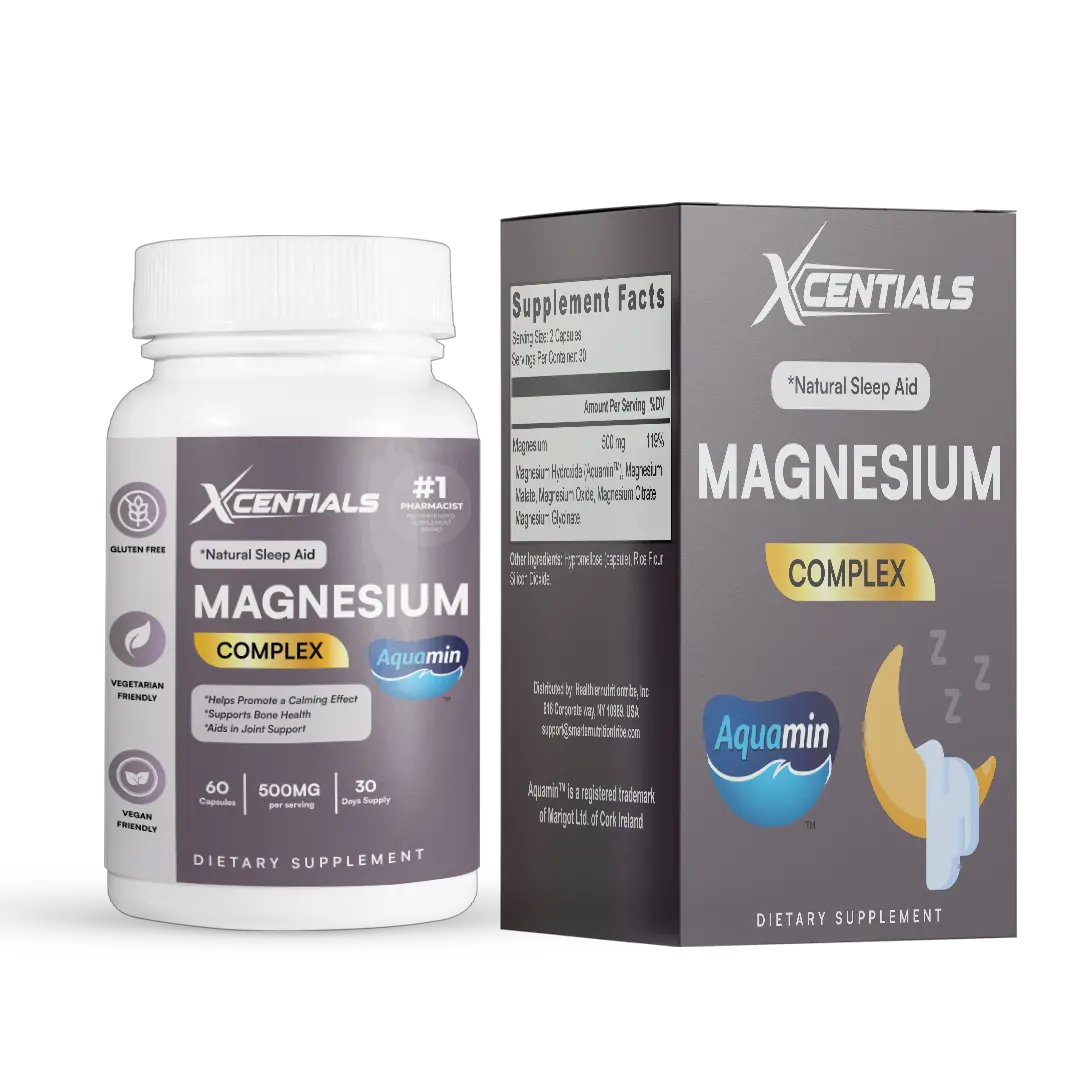 Xcentials Magnesium Complex - Scientifically Proven Supplement for Healthy Bones Muscles & Nerve Functions - Potent Dose for Relaxation & Stress Reduction - Aquamin Formula